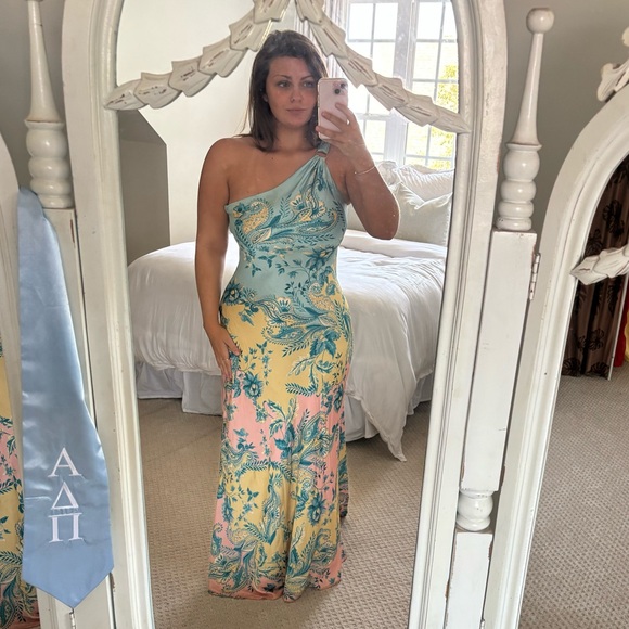 HEMANT & NANDITA Dresses & Skirts - HEMANT & NANDITA One-Shoulder Floral Maxi Dress in Teal, Yellow & Pink